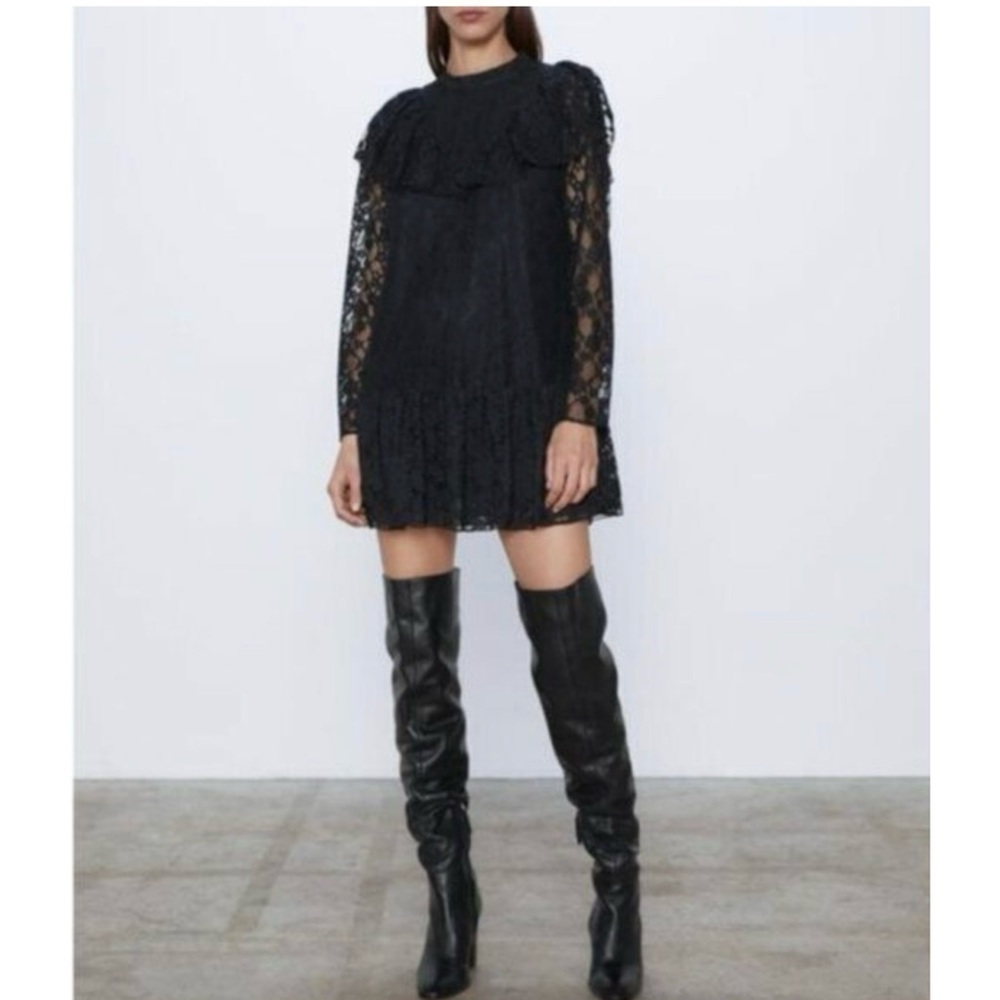 Zara Stella Dress Black Lace Long Sleeves Romper Ruffle Gothic Bib XS Vampire